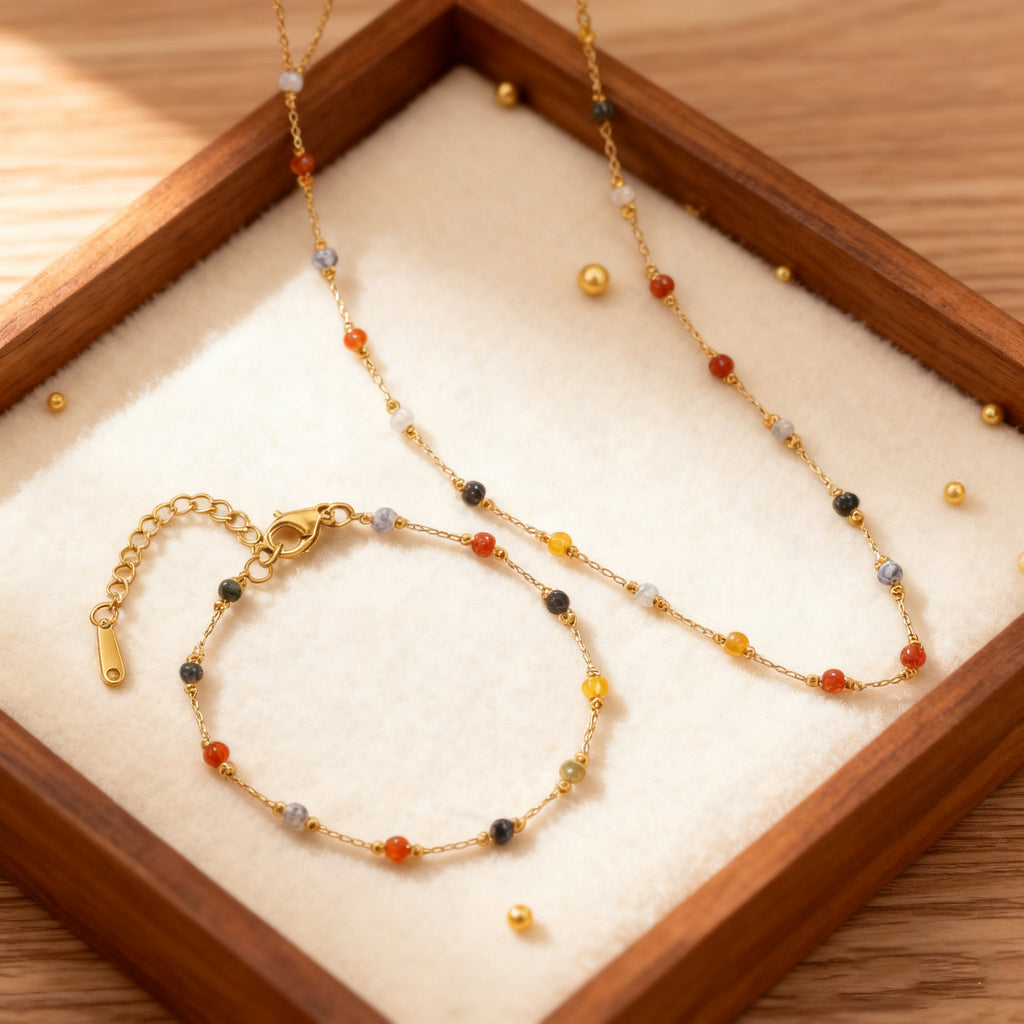 Mixed Natural Stone Mosaic Design Titanium Steel 18k Gold Bracelet
