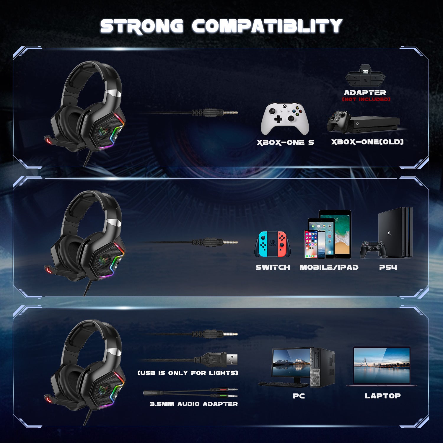 ONIKUMA K10 PRO Gaming Headset Stereo Gaming Headphones For PS4 PS5   One With Mic Led Light