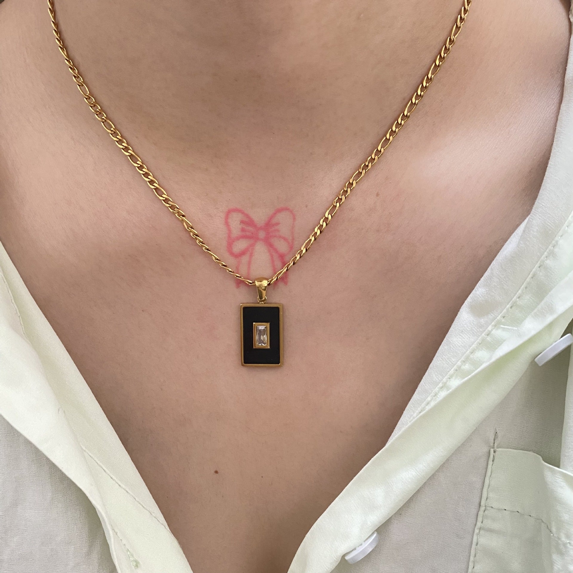 Vintage 18K Gold Plated Titanium Square Shell Zircon Necklace Jewelry Set