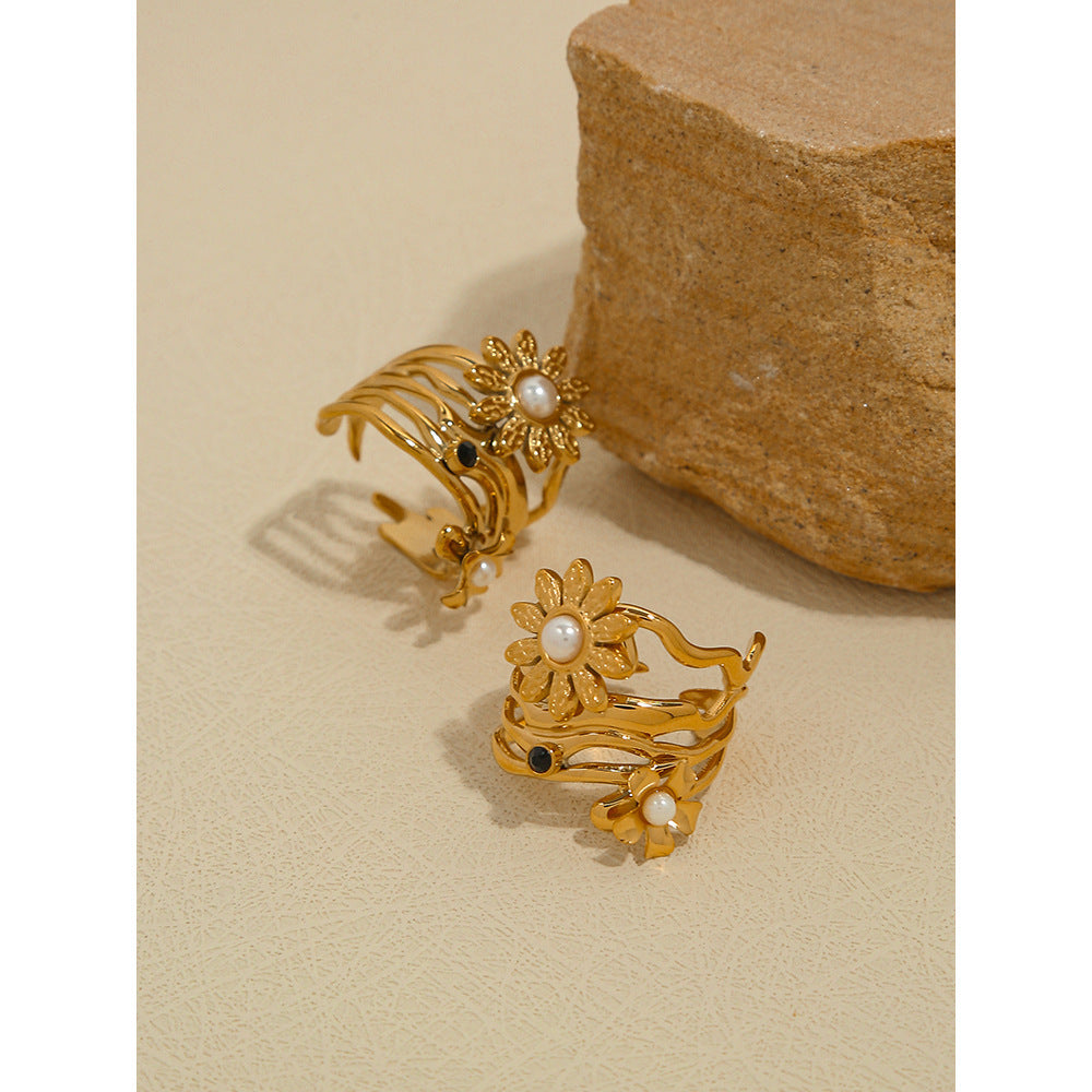 Pearl SUNFLOWER Titanium Steel Open-end Ring Non-fading Niche 18K Gold Plating Retro Easy Matching Jewelry