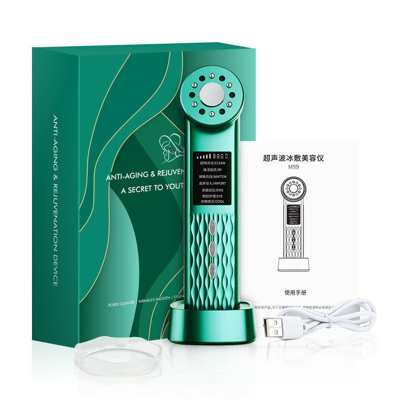 Ice Compress RF Inductive Therapeutical Instrument Color Light EMS Micro Current Facial Massage