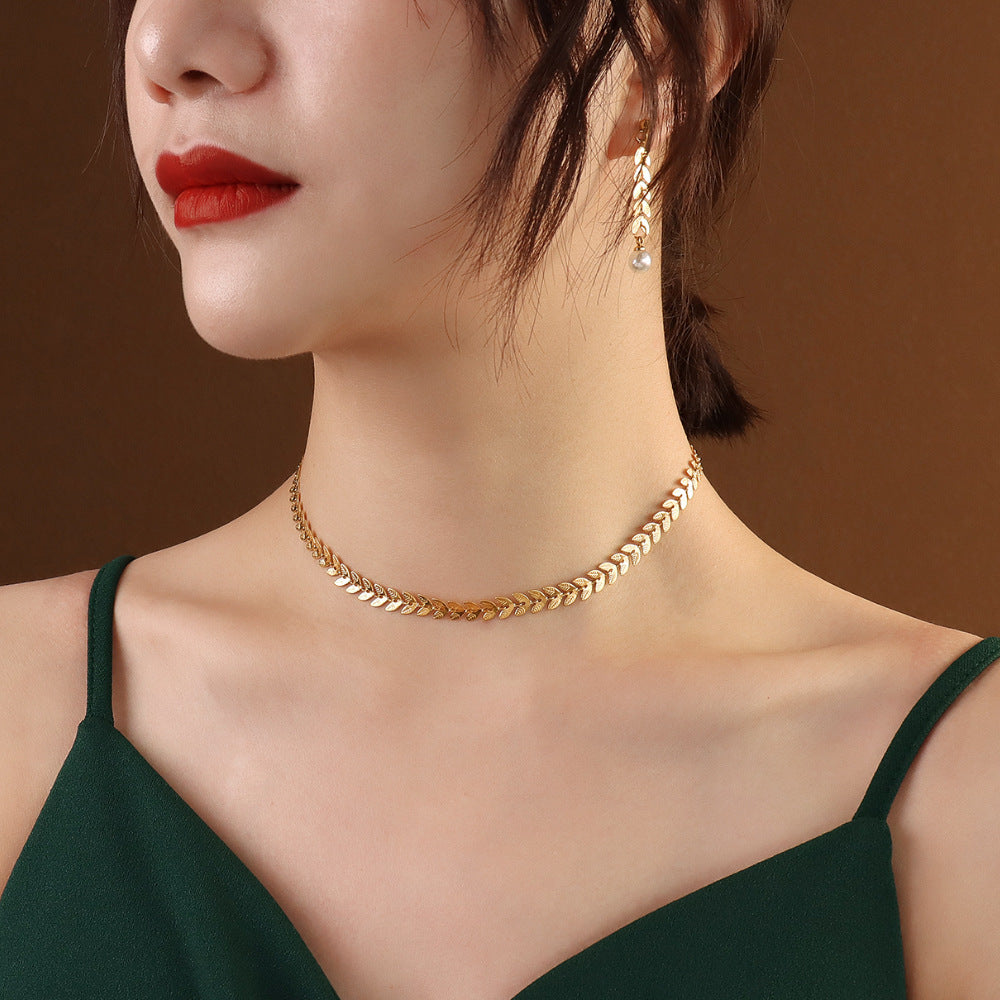 Ins European And American Wheat Leaves Phoenix Tail Necklace Pearl Earrings Jewelry Titanium Steel Plated 18K Gold Color Protection