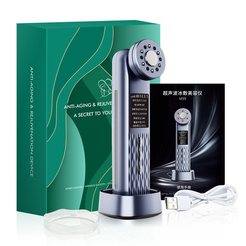 Ice Compress RF Inductive Therapeutical Instrument Color Light EMS Micro Current Facial Massage