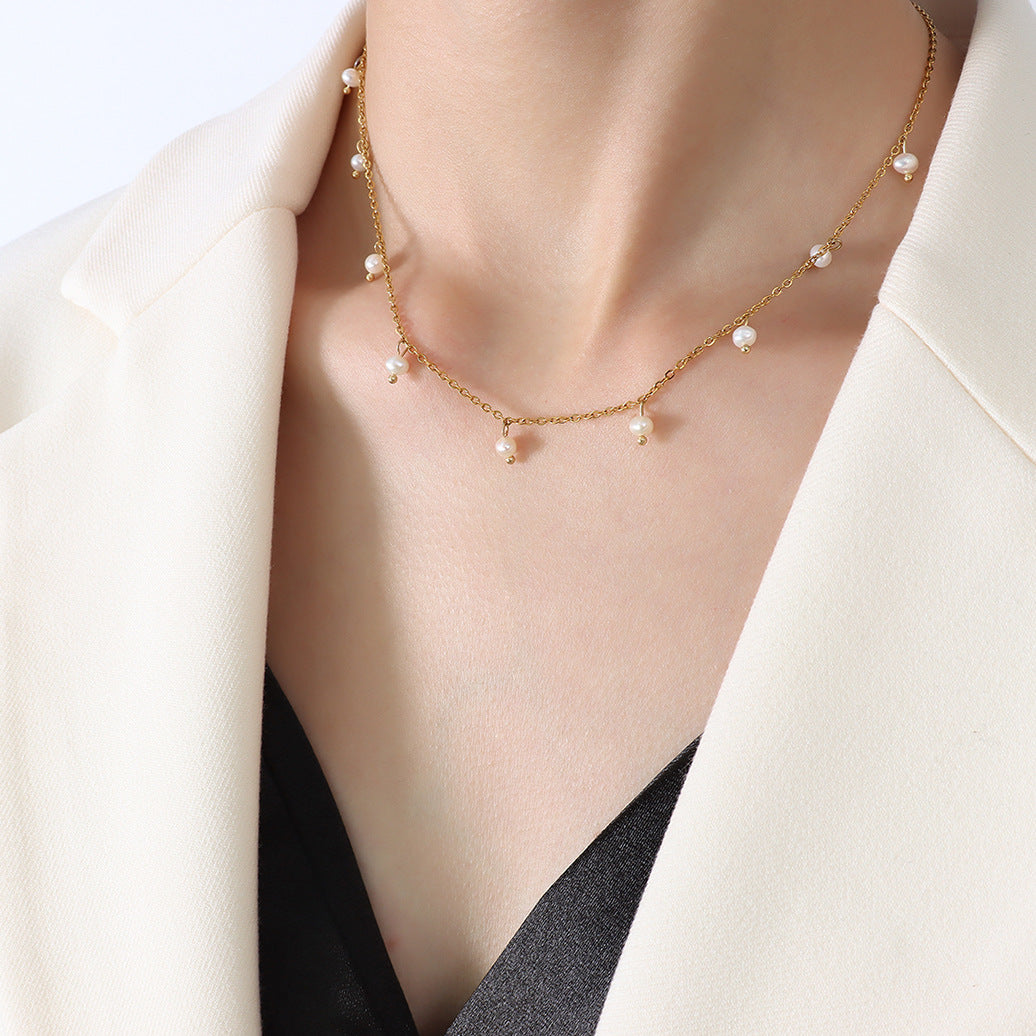 French Style All-matching Ins Simple All Match Jewelry Titanium Steel 18K Gold Plating Freshwater Pearl Necklace For Women