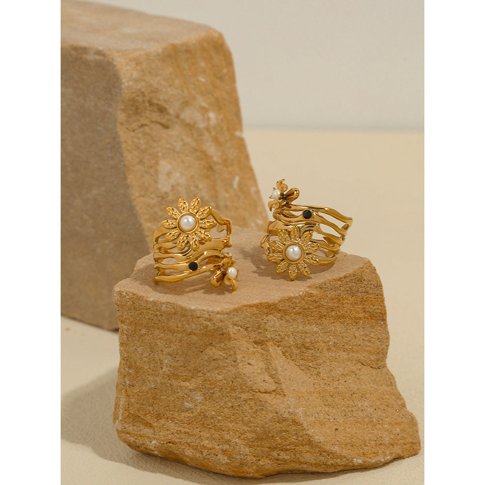Pearl SUNFLOWER Titanium Steel Open-end Ring Non-fading Niche 18K Gold Plating Retro Easy Matching Jewelry