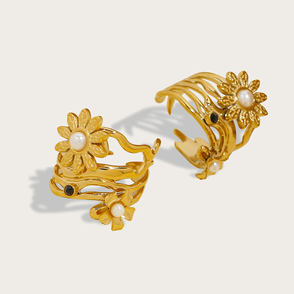 Pearl SUNFLOWER Titanium Steel Open-end Ring Non-fading Niche 18K Gold Plating Retro Easy Matching Jewelry