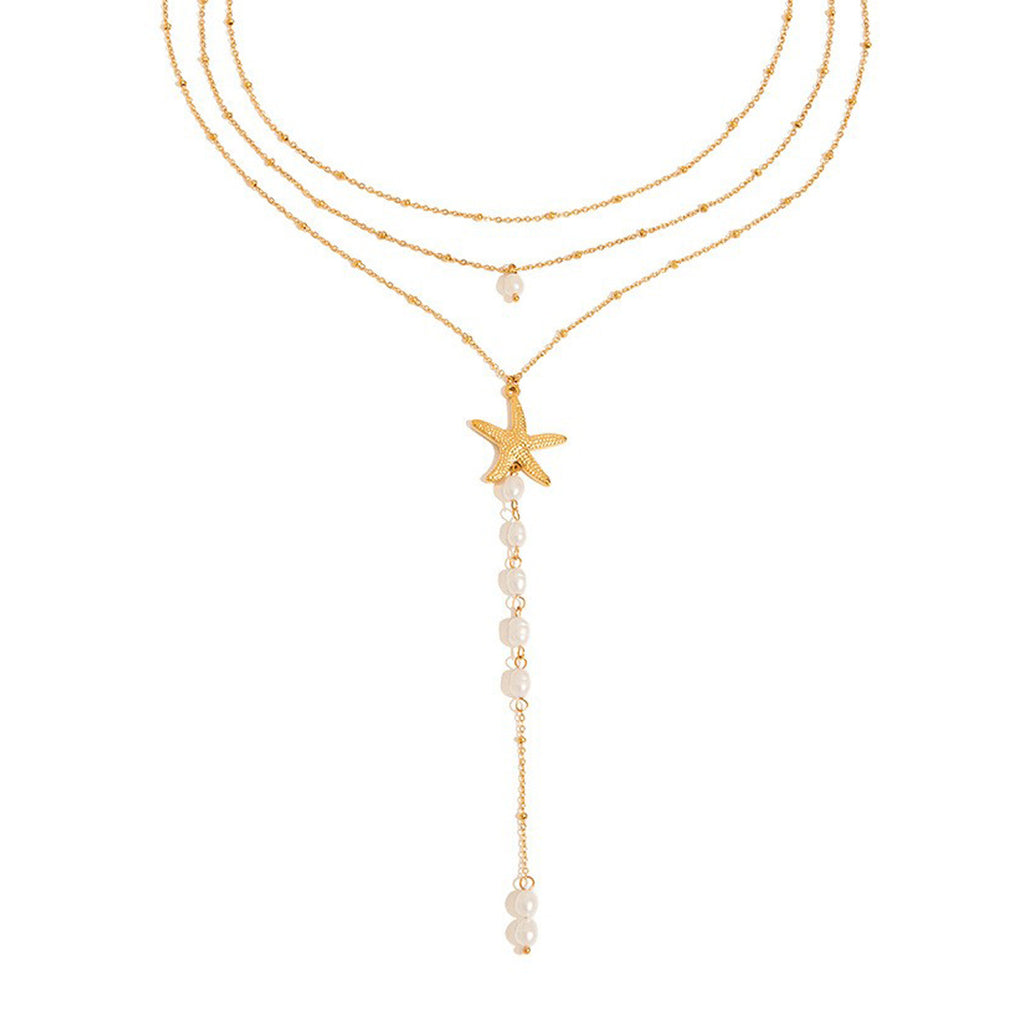 European And American Pearls Necklace Titanium Steel No Fading Twin Starfish 18K Gold Stainless Steel