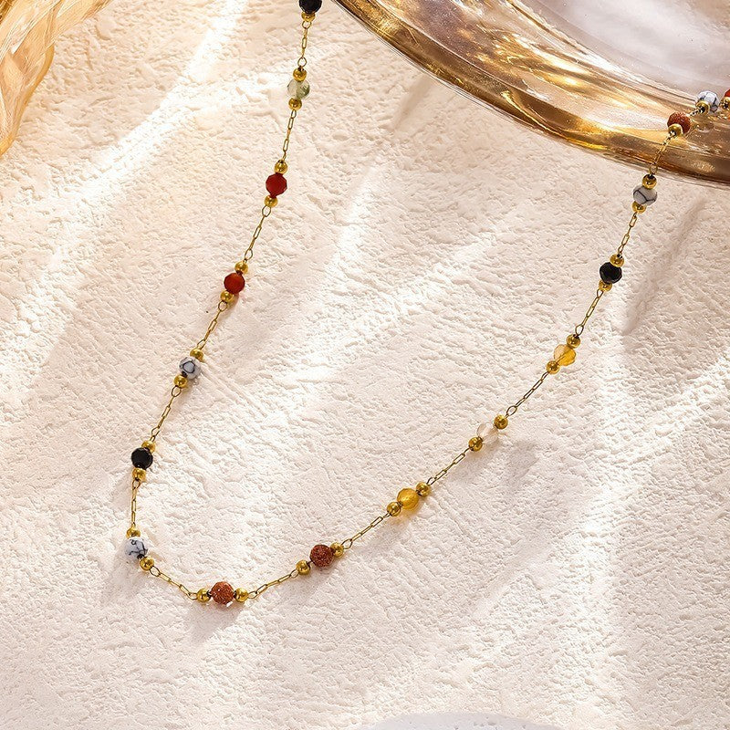 Mixed Natural Stone Mosaic Design Titanium Steel 18k Gold Bracelet
