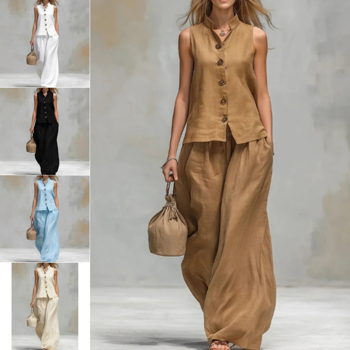 Casual Two-Piece Stand Collar Sleeveless Vest And Matching Pants Set - Summer Women Vest & Pan Two Piece Outfit