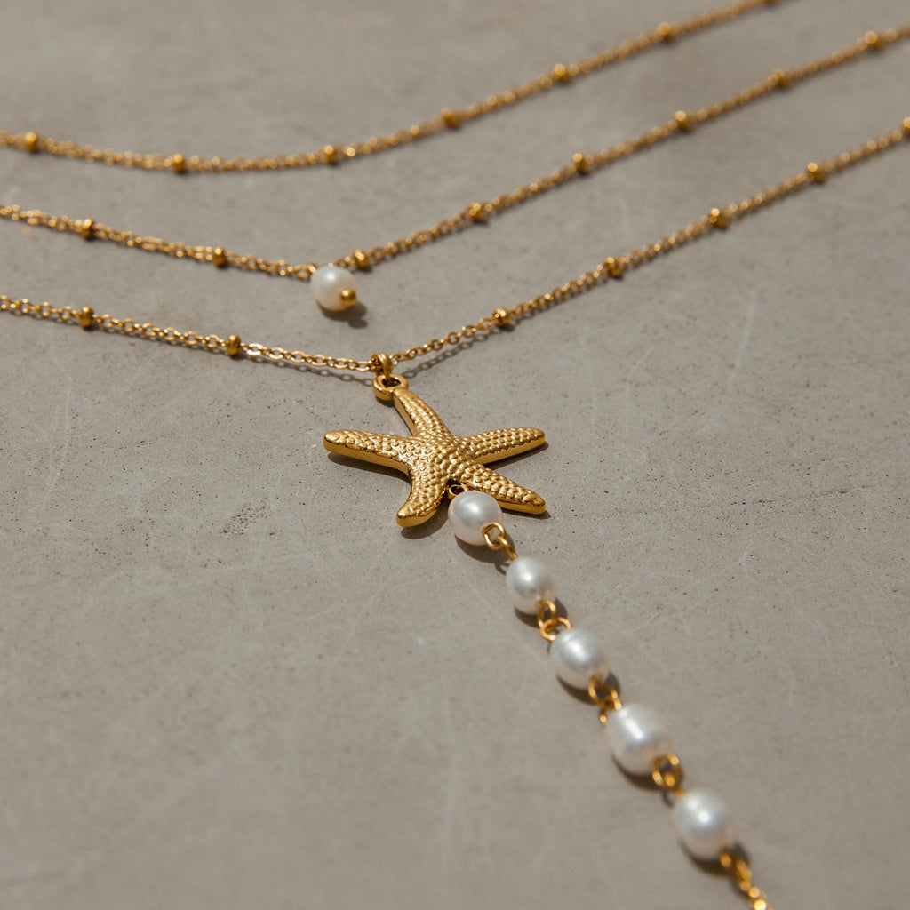 European And American Pearls Necklace Titanium Steel No Fading Twin Starfish 18K Gold Stainless Steel